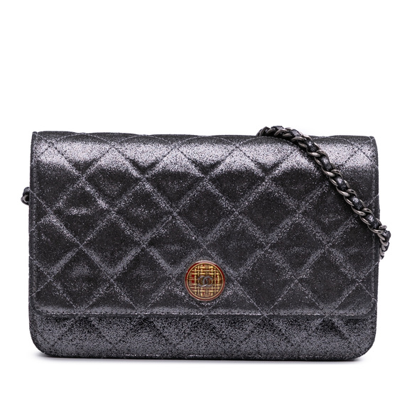 Pre-Loved Chanel Quilted Iridescent Lambskin Tartan Button Wallet On Chain - Picture 1 of 12